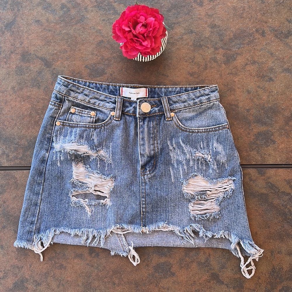 distressed denim mini skirt